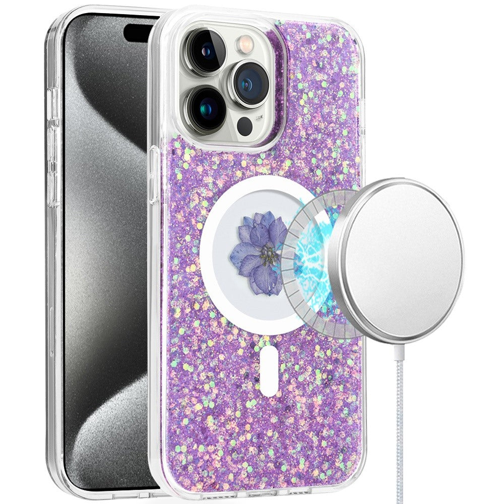 iPhone 15 Pro Light Purple Real Flower Glitter Hybrid Case
