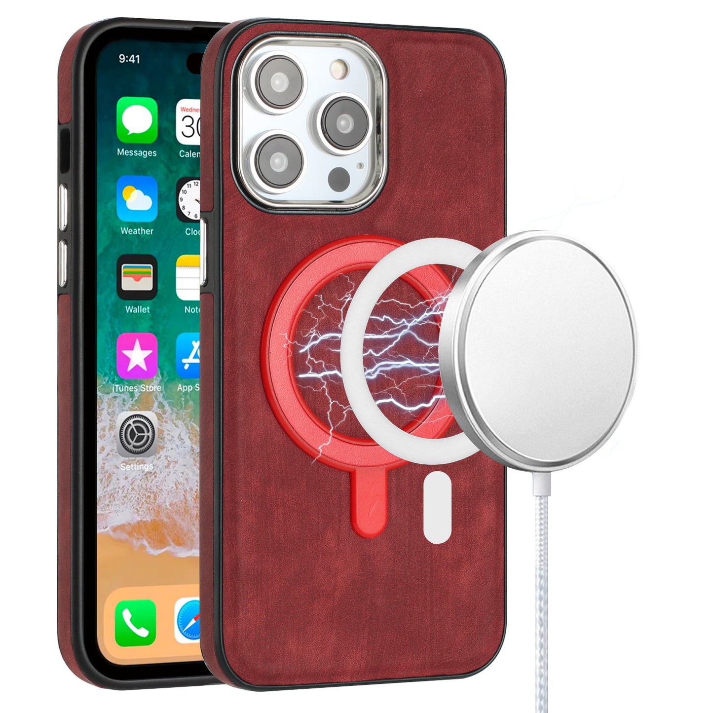 iPhone 13 Pro Max Red Chrome Edged PU Leather Case