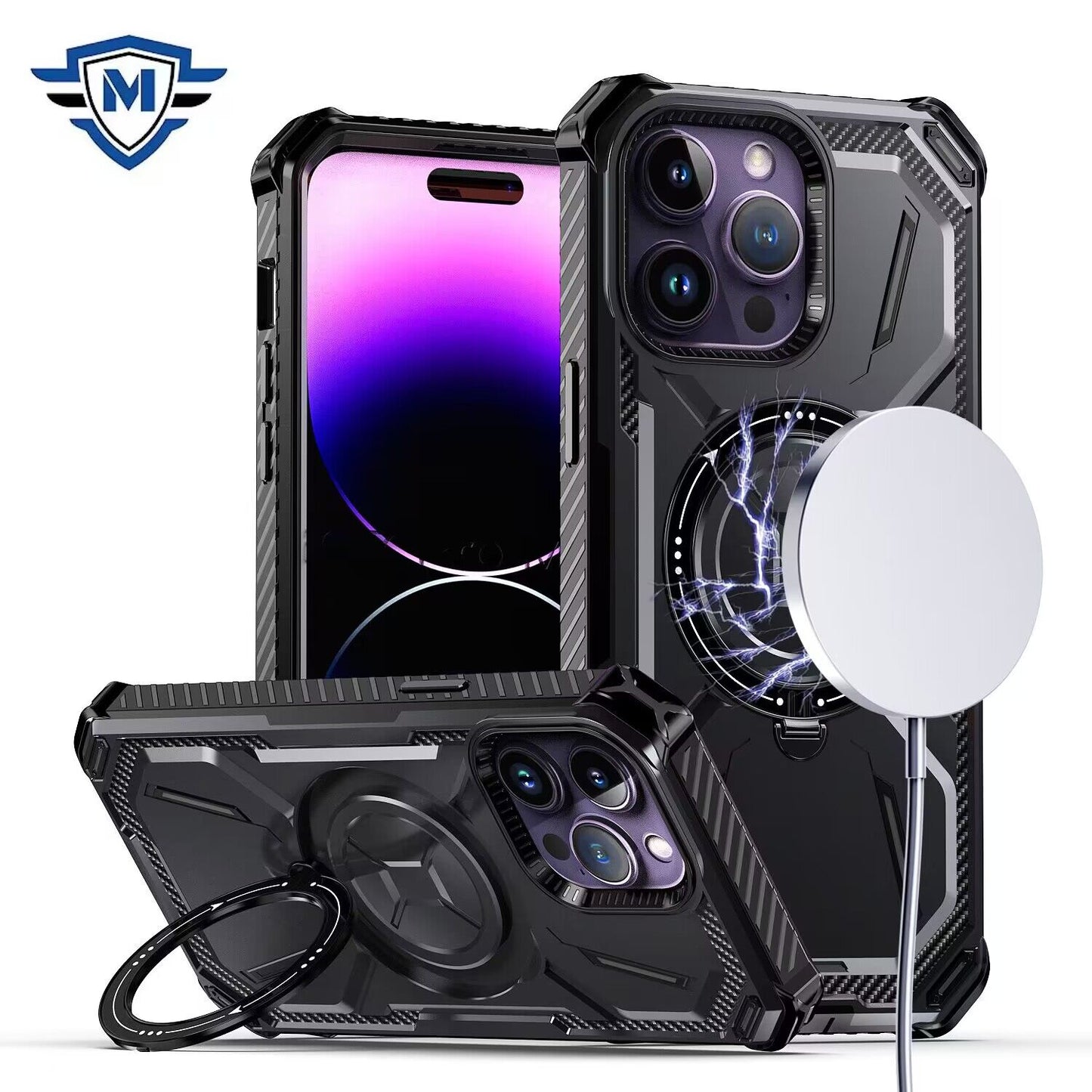 iPhone 15 Pro Black METKASE Rugged Magnetic Ring Stand Case