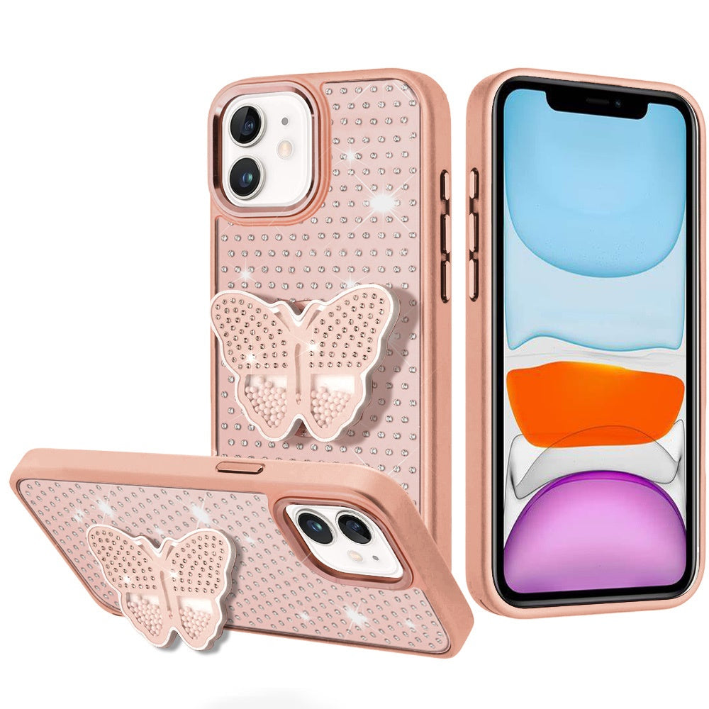 iPhone 11 Rose Gold Butterfly Diamond Grip Stand Case