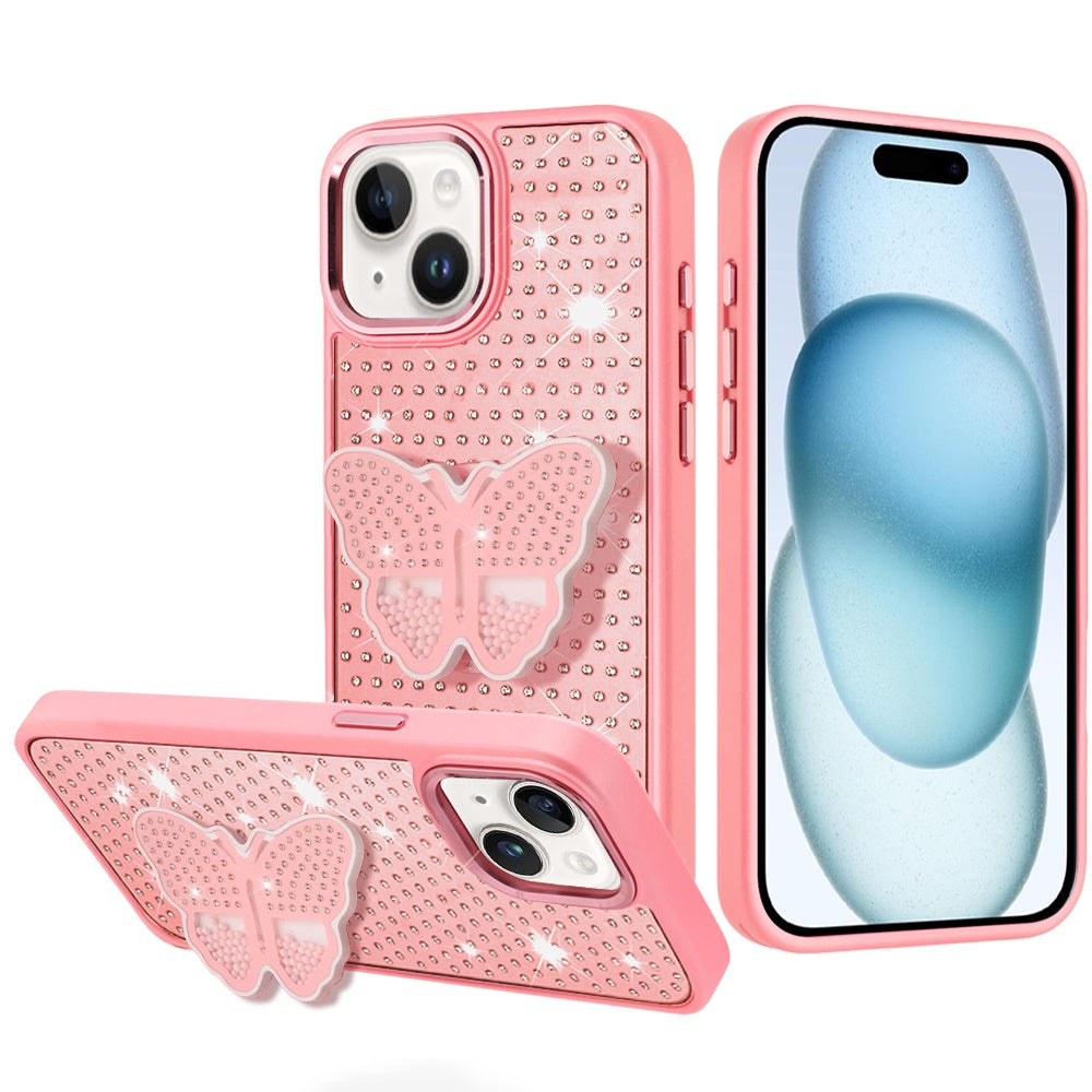 iPhone 15 Pink Butterfly Grip Diamond Hybrid Case