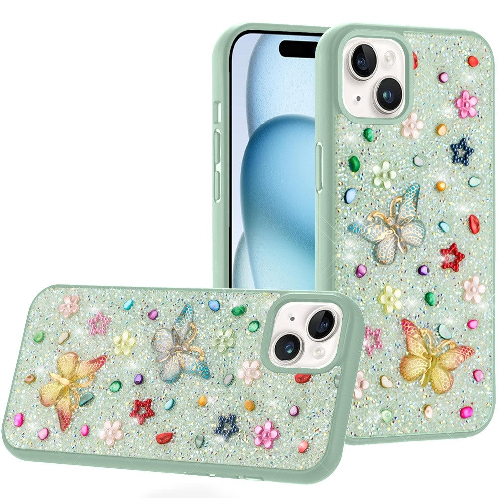 iPhone 15 Plus/iPhone 14 Plus Teal Butterfly Glitter Hybrid Case