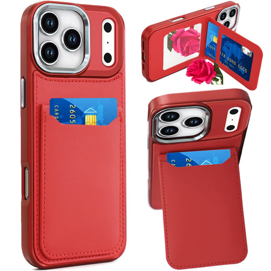 iPhone 17 Pro Max Leather Wallet Mirror Hybrid Case - Red