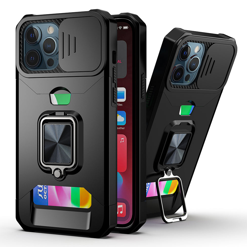 iPhone 12/12 Pro Black Card Ring Stand Hybrid Case