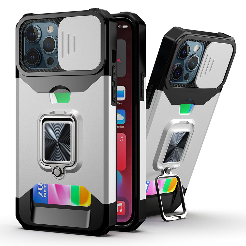 iPhone 15 Pro Max Silver Card Ring Stand Case
