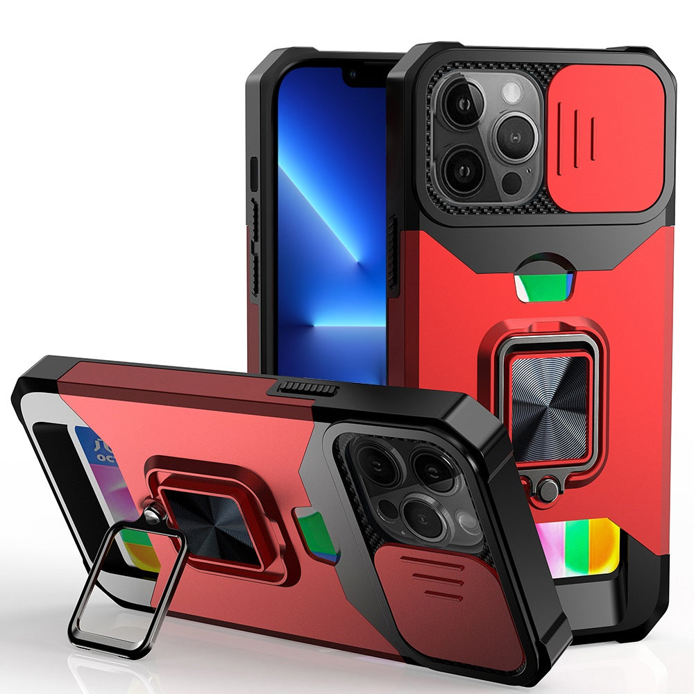 iPhone 13 Pro Red Card Ring Stand Hybrid Case