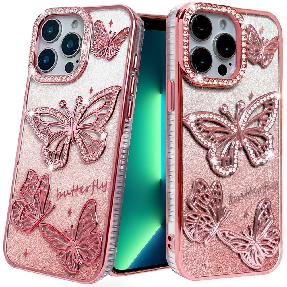 iPhone 15 Pro Max Rose Gold Butterfly Glitter TPU Case