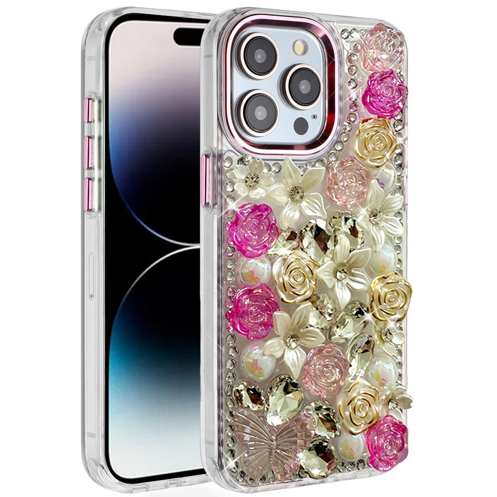 iPhone 14 Pro Max Pink Rose Bling Stones Case