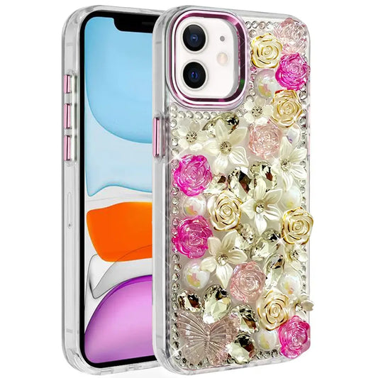 iPhone 11 Pink Rose Bling Stones Ornaments Case