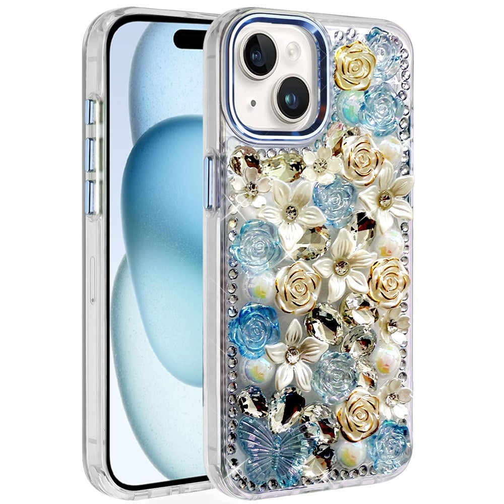 iPhone 15 Blue Rose Bling Stones Case