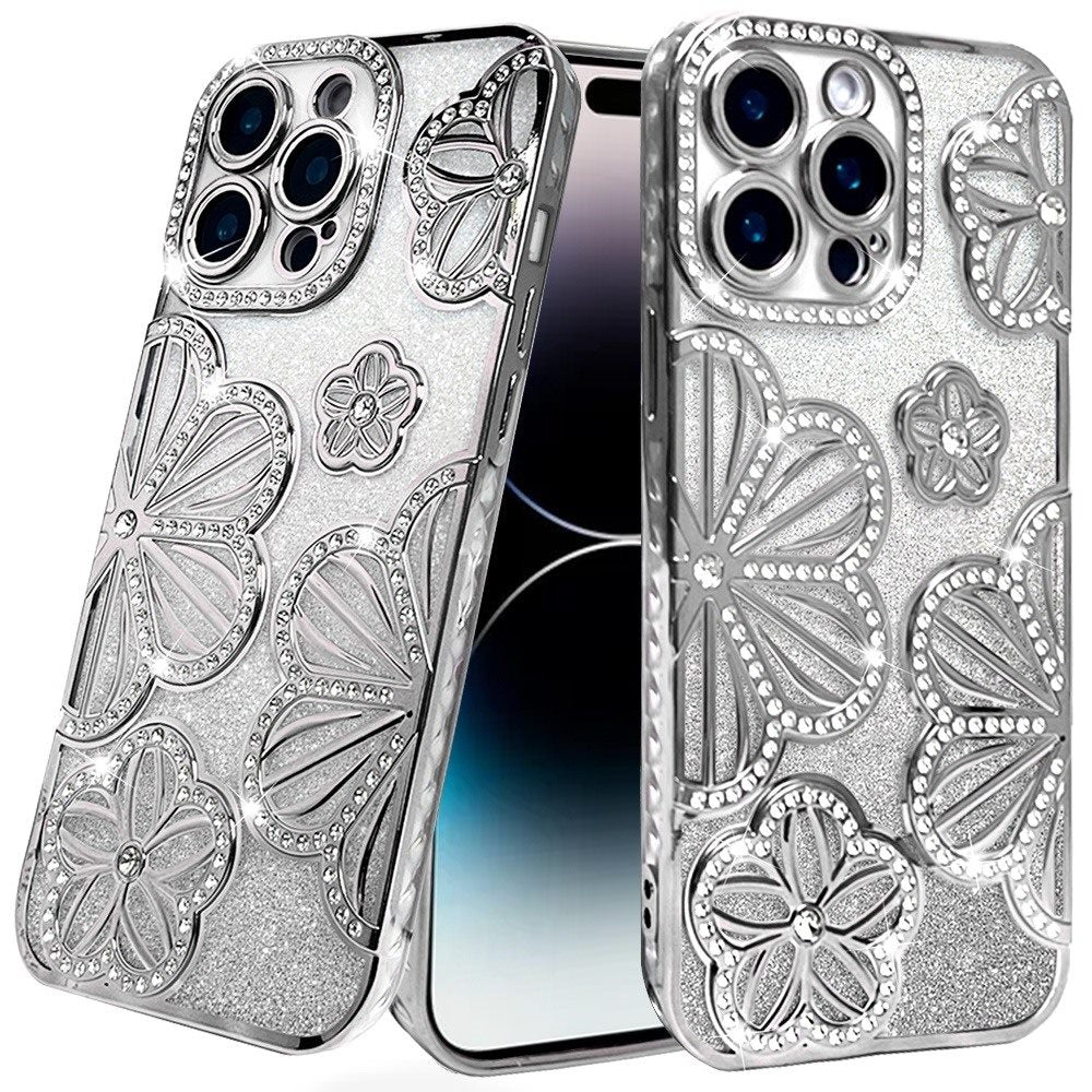 iPhone 14 Pro Max Silver Glitter Floral TPU Case