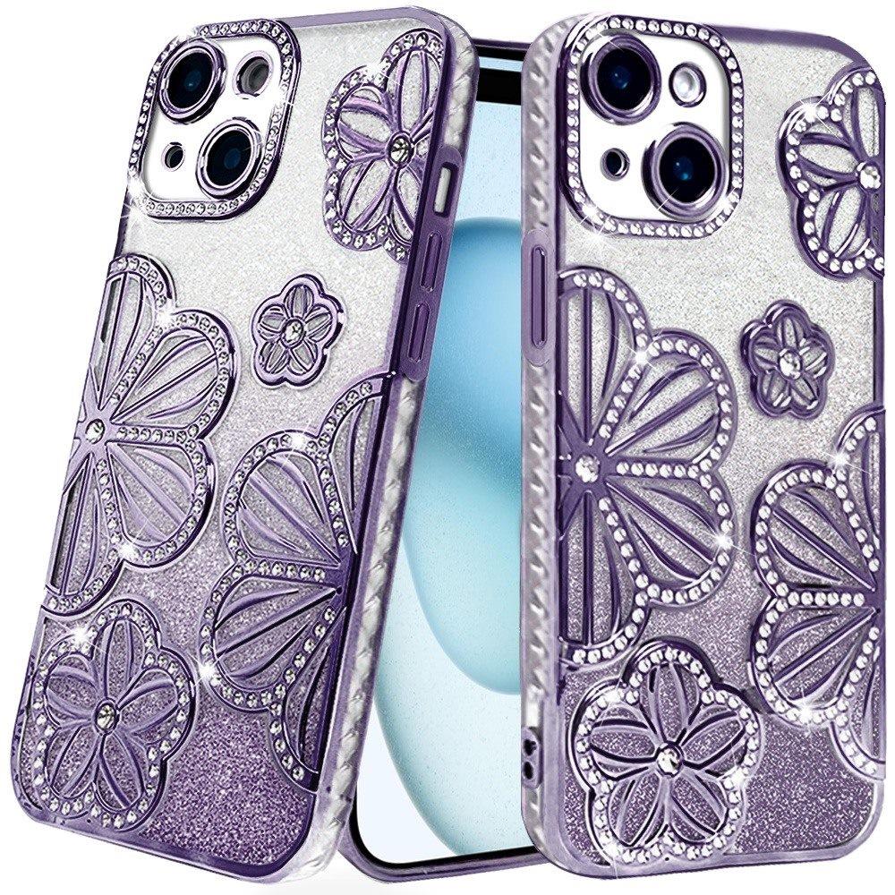iPhone 15/14 Plus Purple Glitter Floral TPU Case