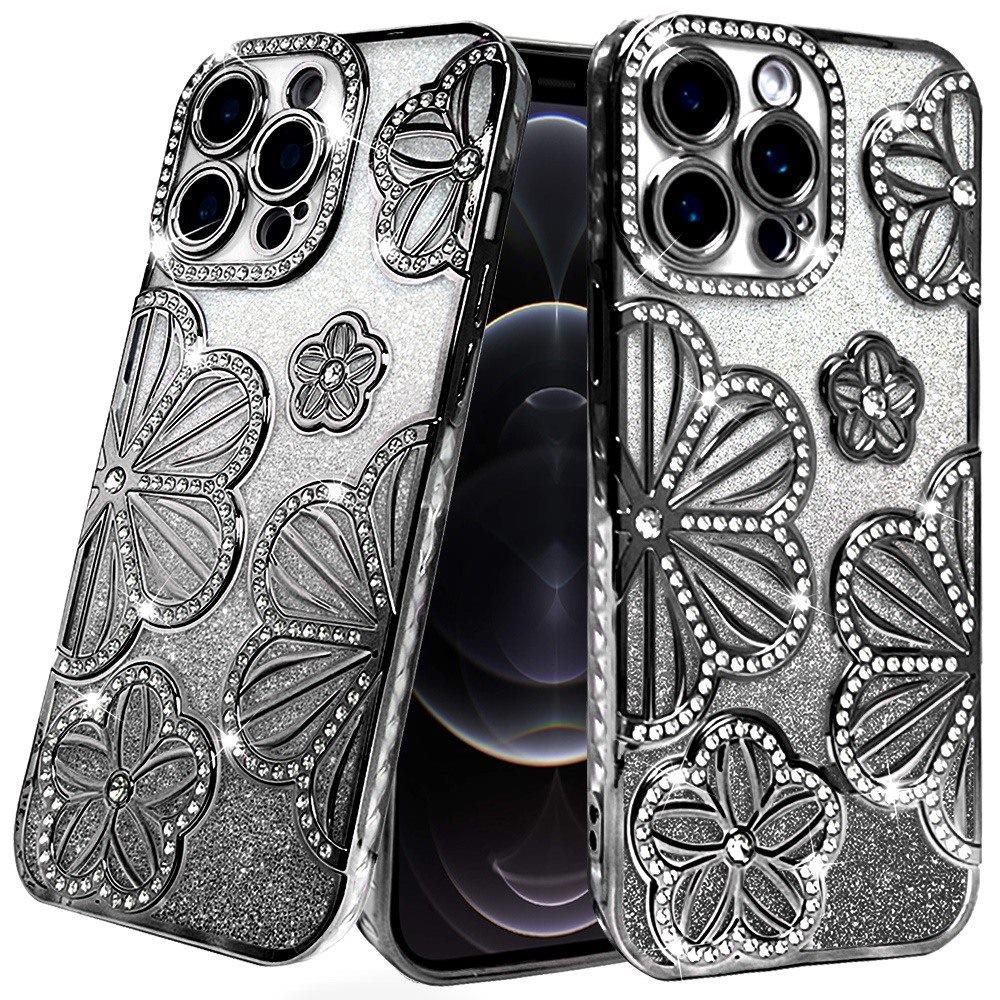 iPhone 12 Pro Max Black Glitter Floral TPU Case