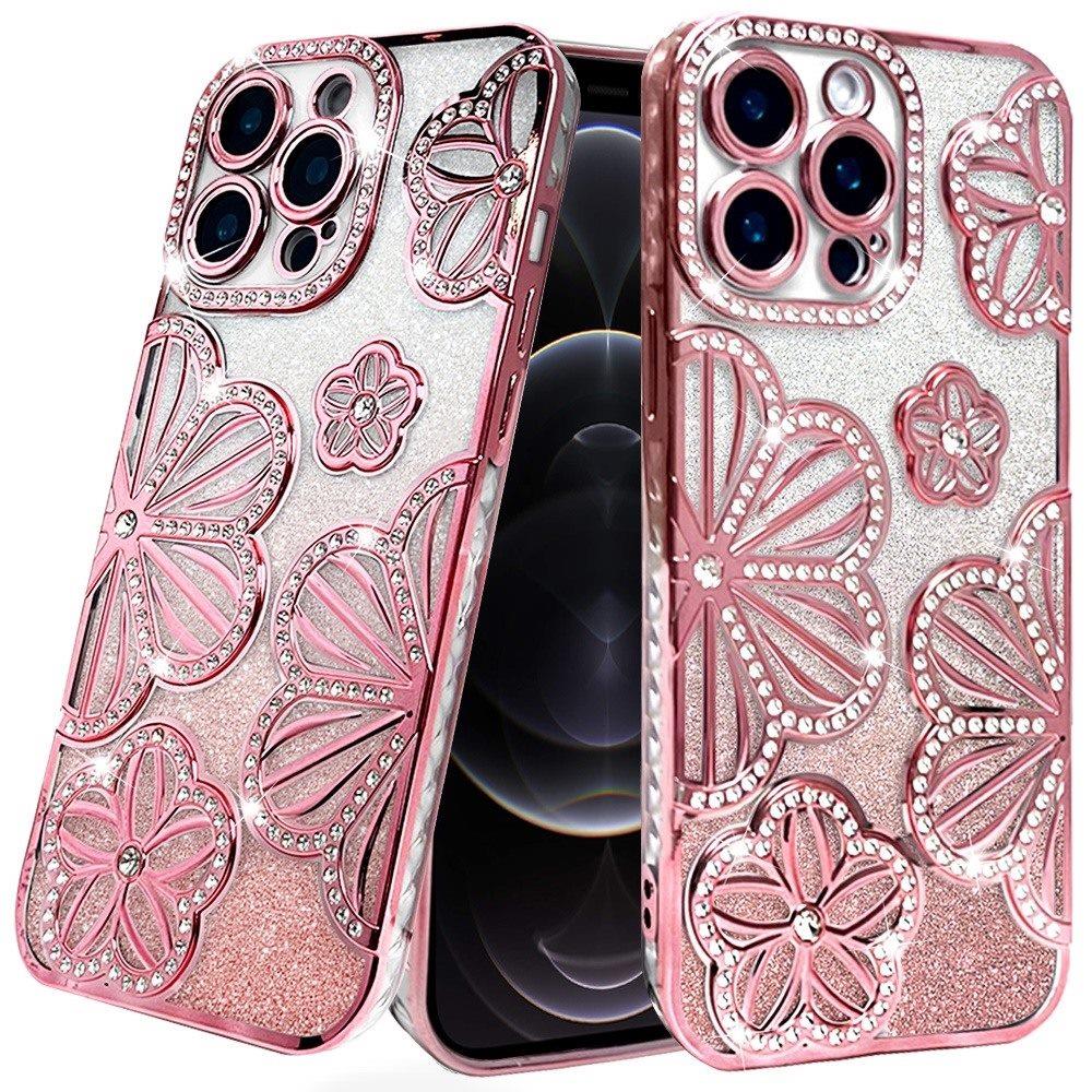 iPhone 12 Pro Max Rose Gold Glitter Floral TPU Case