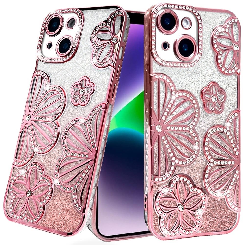 iPhone 13/14 Rose Gold Glitter Floral TPU Case