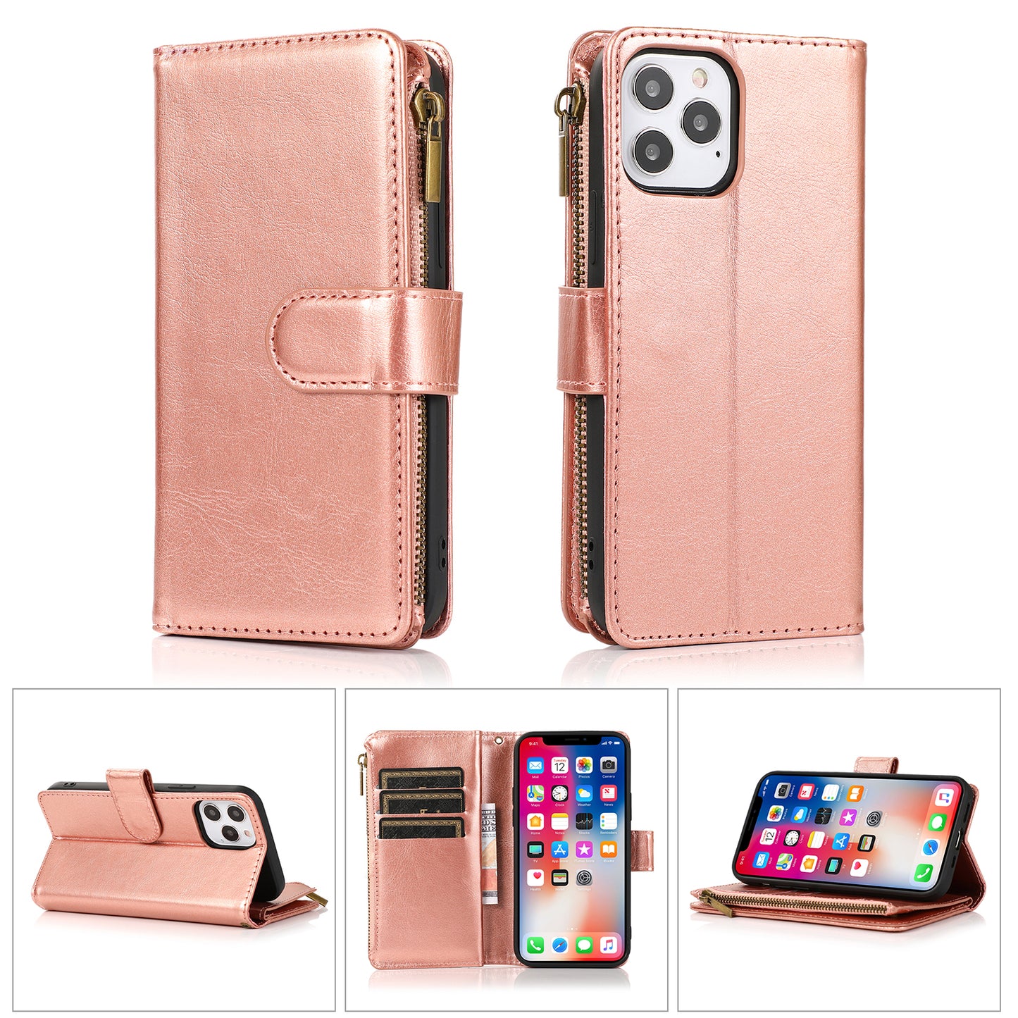 iPhone 15 Rose Gold Luxury Wallet Zipper Case