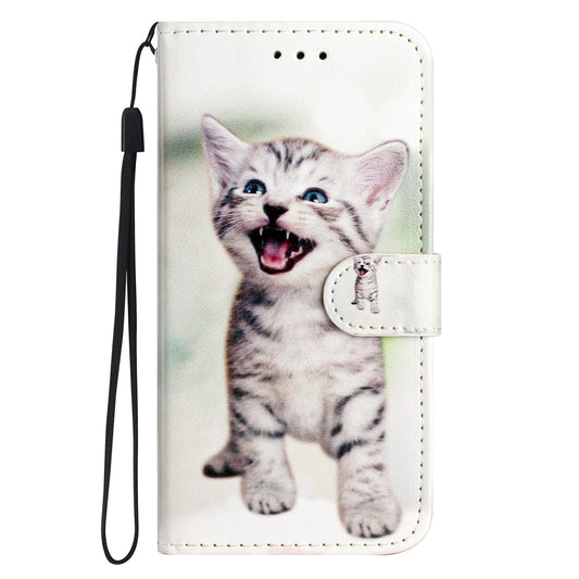 IPhone 15 Pro Flip PU Leather Wallet 3D Print Cat With Wrist Strap Case