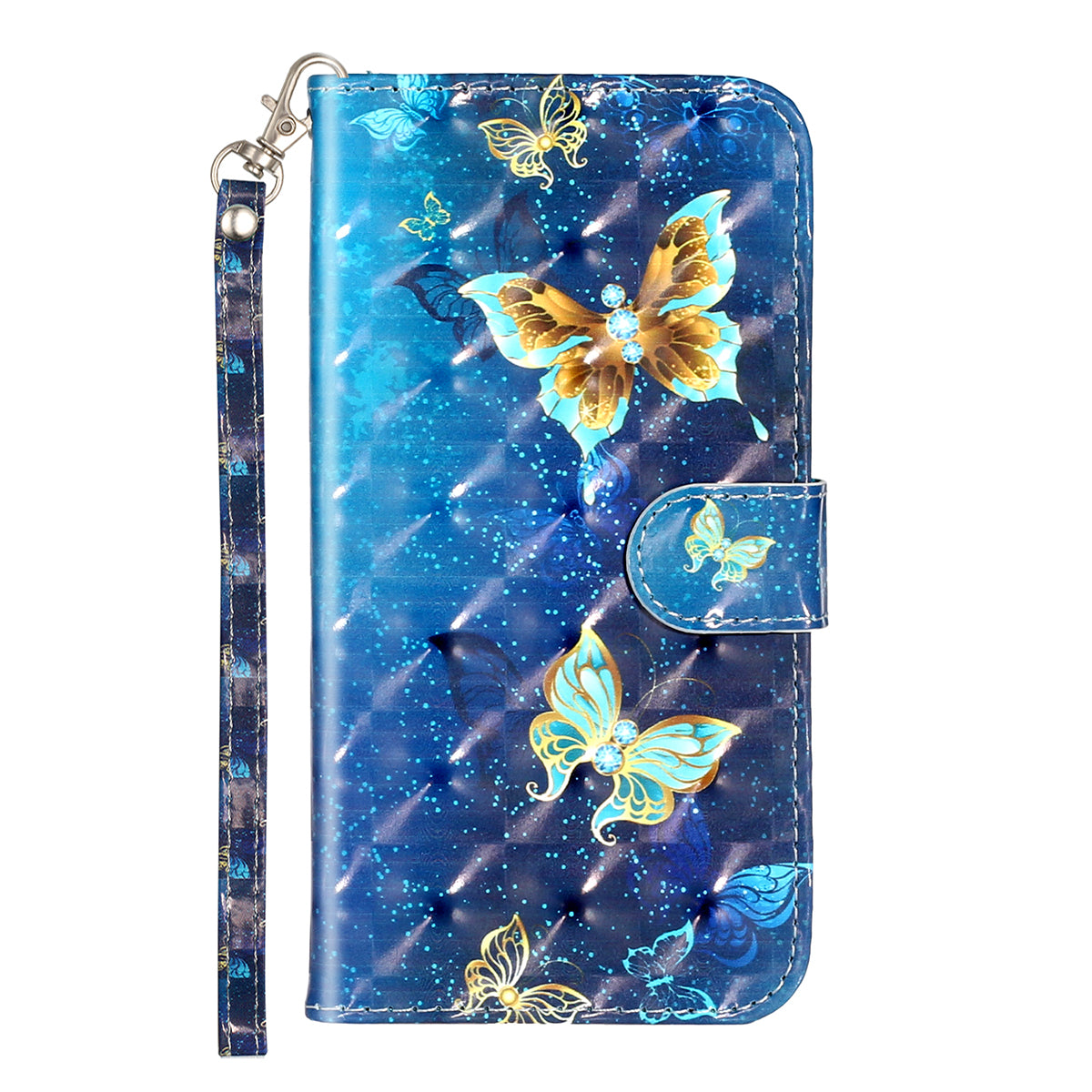 IPhone 15 Pro Flip PU Leather Wallet 3D Print Butterfly With Wrist Strap Case Blue