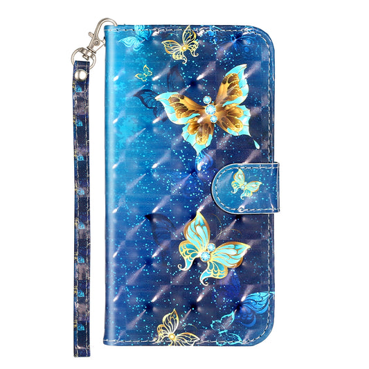 IPhone 15 Pro Flip PU Leather Wallet 3D Print Butterfly With Wrist Strap Case Blue