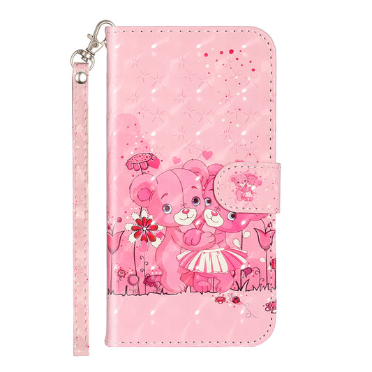 IPhone 15 Pro Flip PU Leather Wallet 3D Print Pink Bear With Wrist Strap Case