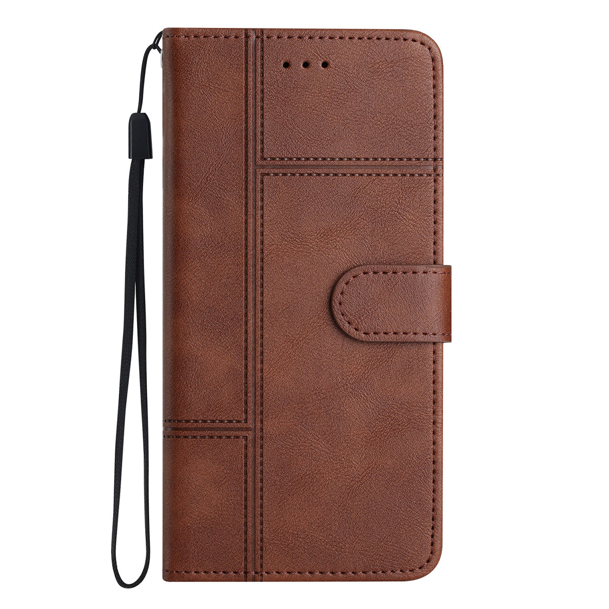 IPhone 15 Pro Flip PU Leather Wallet ShockProof Imprinted Cowhide Texture With Wrist Strap Case Dark Brown