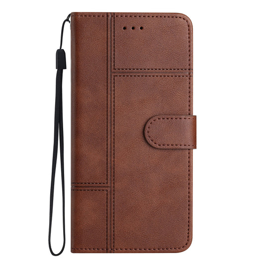 IPhone 15 Pro Flip PU Leather Wallet ShockProof Imprinted Cowhide Texture With Wrist Strap Case Dark Brown