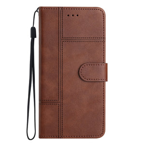 iPhone 15 Pro Max Flip PU Leather Wallet ShockProof Imprinted Cowhide Texture With Wrist Strap Case Dark Brown