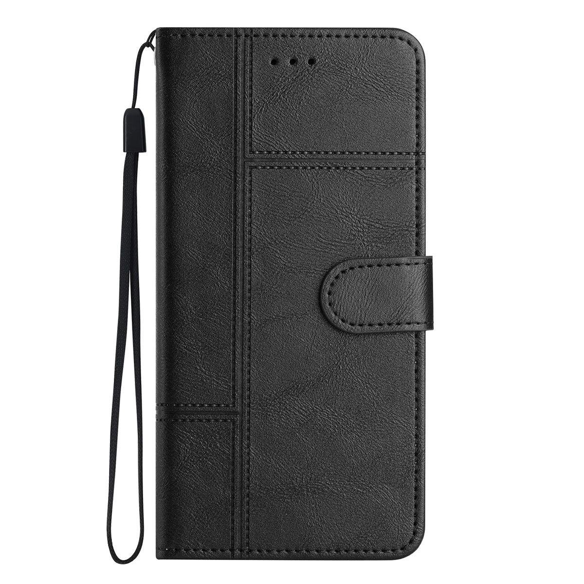 IPhone 15 Pro Flip PU Leather Wallet ShockProof Imprinted Cowhide Texture With Wrist Strap Case Black