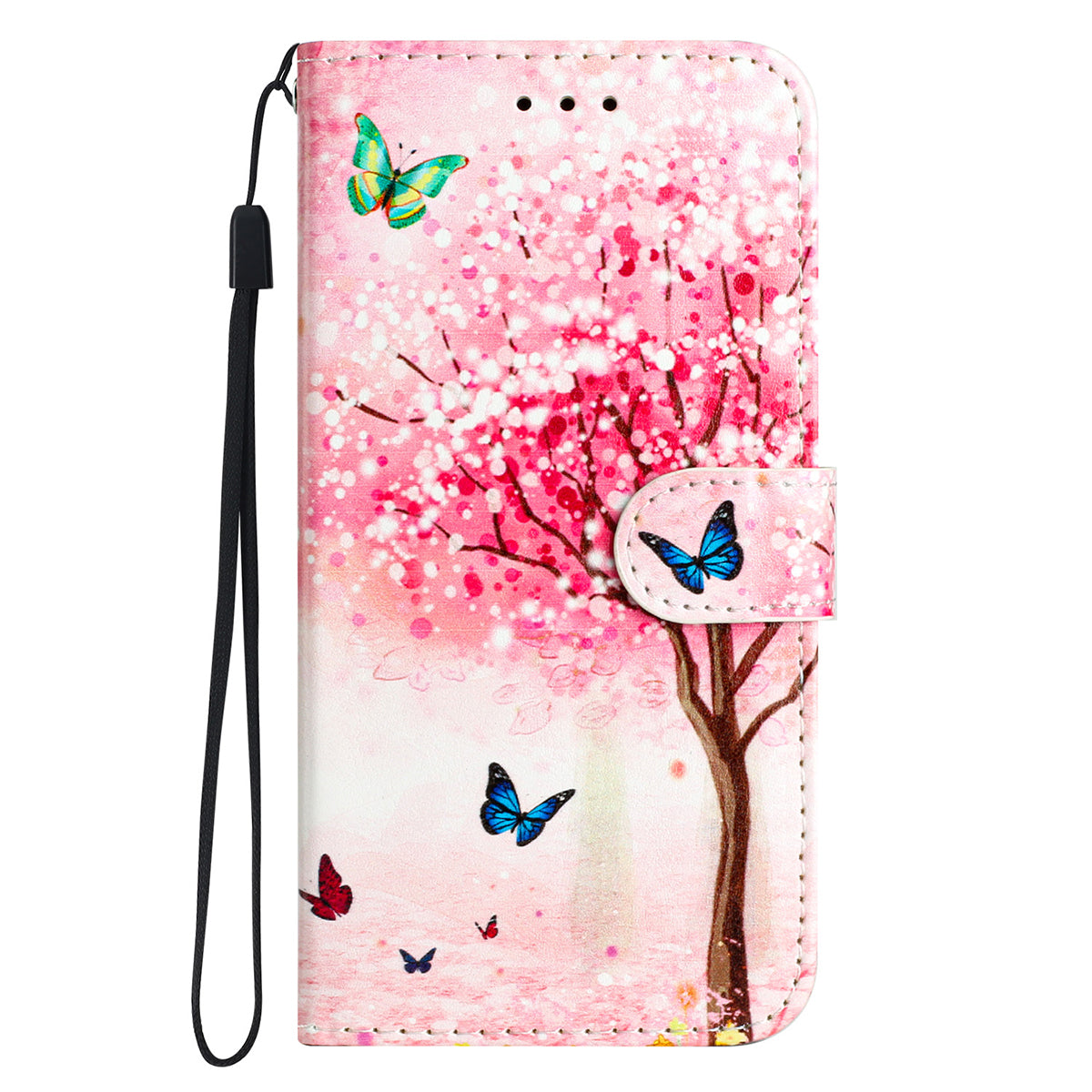 IPhone 15 Pro Flip PU Leather Wallet 3D Print Cartoon Butterfly Flower With Wrist Strap Case