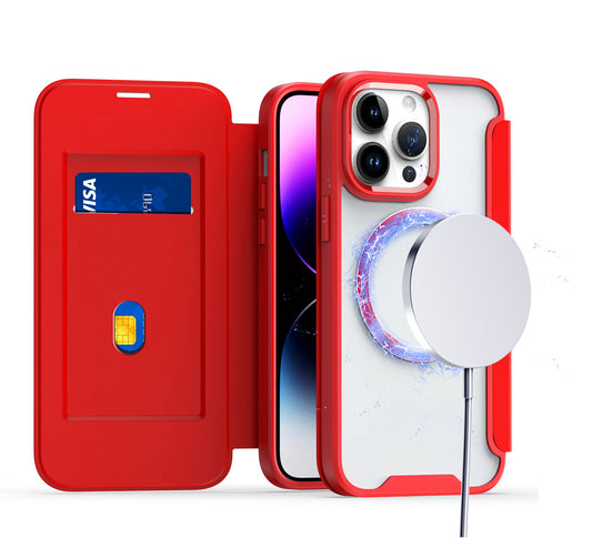 iPhone 15 Pro Red Magnetic Flap Transparent Hybrid Case