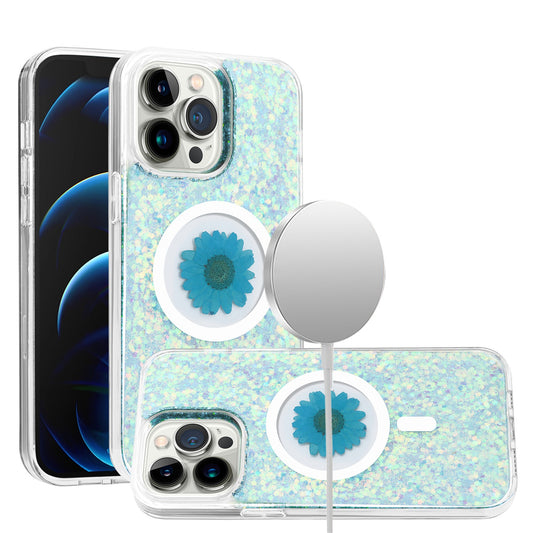 iPhone 15 Pro Max Light Blue Real Flower Glitter Case