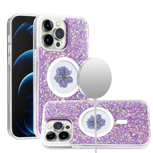 iPhone 15 Pro Max Light Purple Real Flower Glitter Case