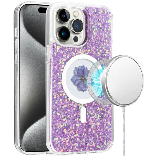 iPhone 15 Pro Light Purple Real Flower Glitter Hybrid Case
