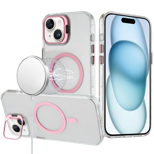 iPhone 15 Pink Transparent Camera Stand Hybrid Case