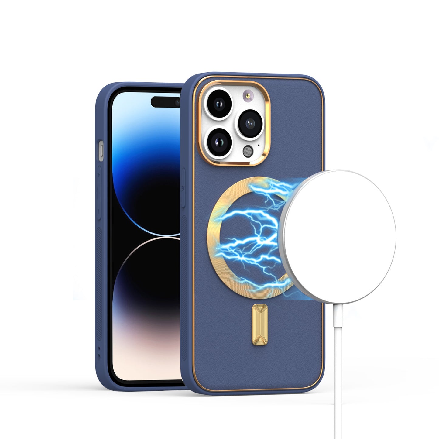 iPhone 14 Pro Navy Blue PU Leather Magnetic Hybrid Case
