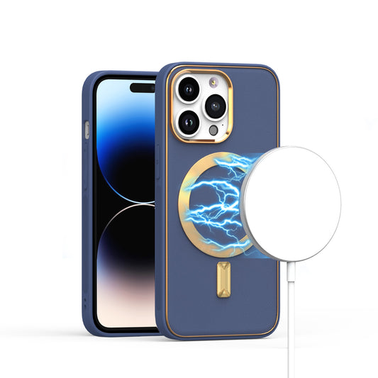 iPhone 14 Pro Navy Blue PU Leather Magnetic Hybrid Case