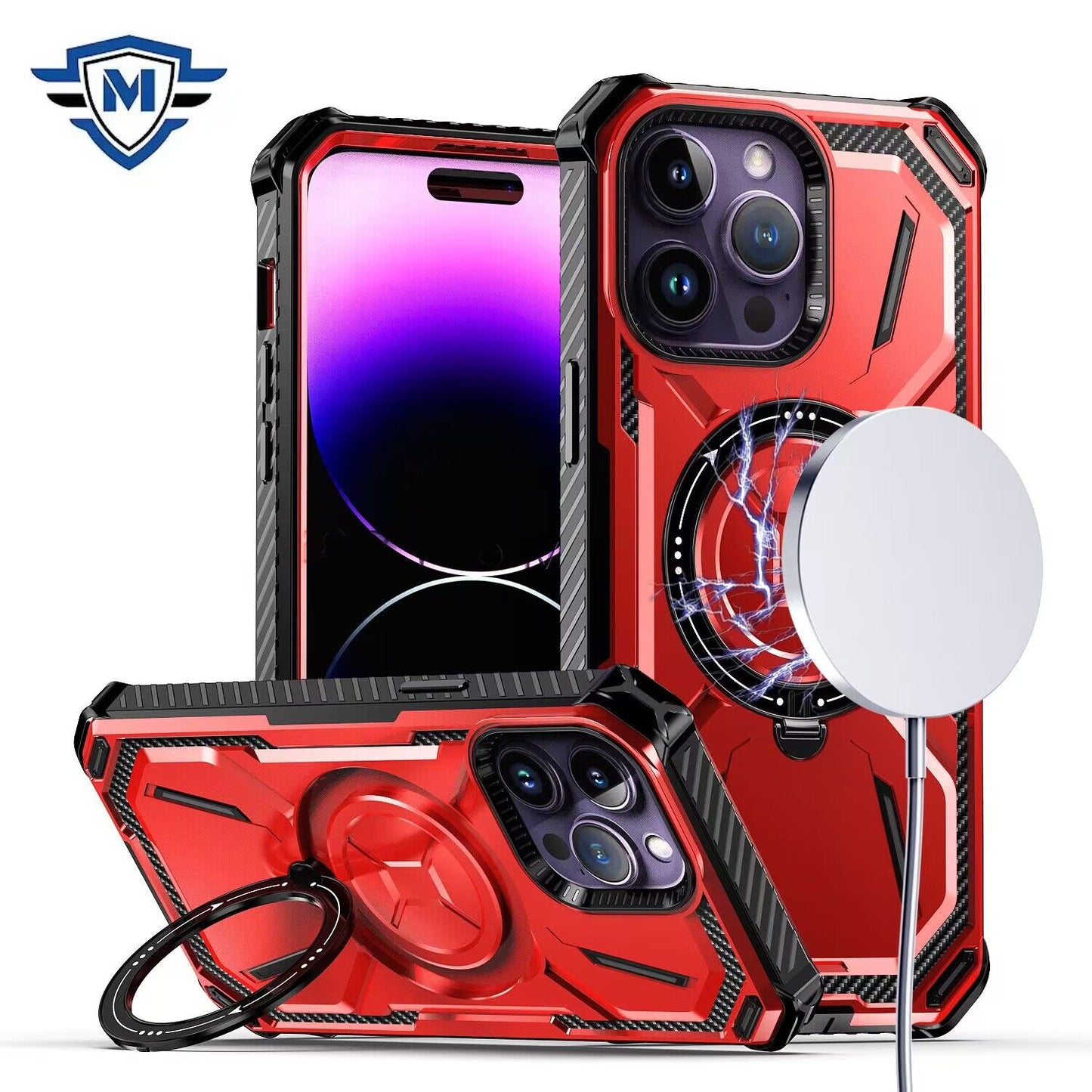 iPhone 15 Pro Red METKASE Rugged Magnetic Ring Stand Case