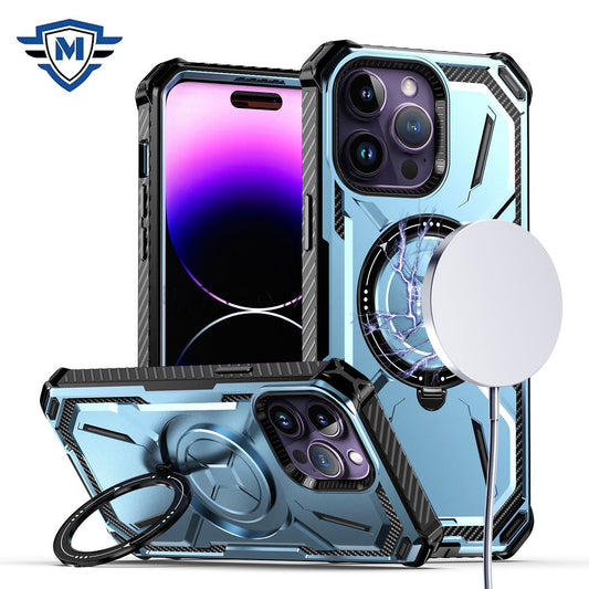 iPhone 15 Pro Light Blue METKASE Rugged Magnetic Ring Stand Case