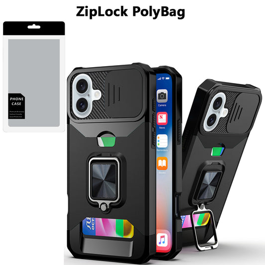iPhone 16 6.1 - Card Magnetic Ring Stand Hybrid Case - Black
