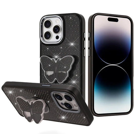 iPhone 14 Pro Max Black Butterfly Grip Diamond Hybrid Case