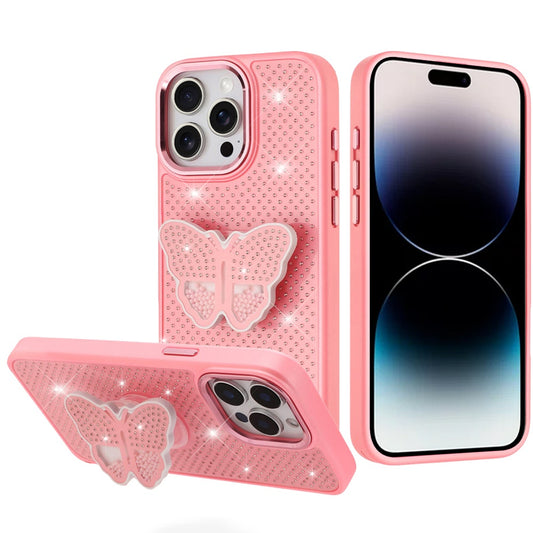 iPhone 14 Pro Max Pink Butterfly Grip Diamond Hybrid Case