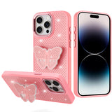 iPhone 14 Pro Max Pink Butterfly Grip Diamond Hybrid Case