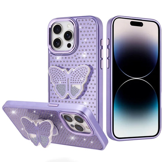iPhone 14 Pro Max Purple Butterfly Grip Diamond Hybrid Case