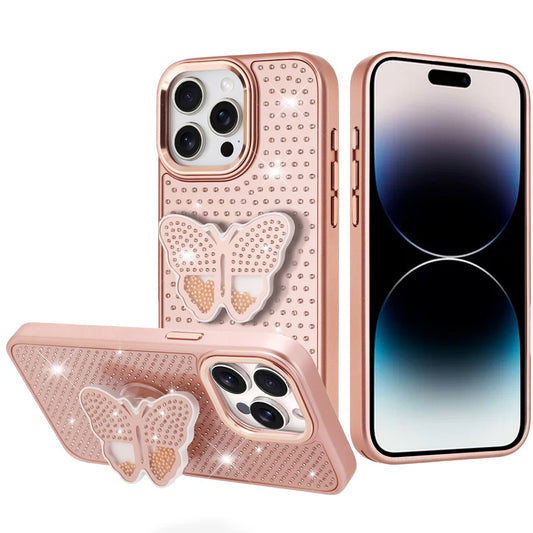 iPhone 14 Pro Max Rose Gold Butterfly Grip Diamond Hybrid Case