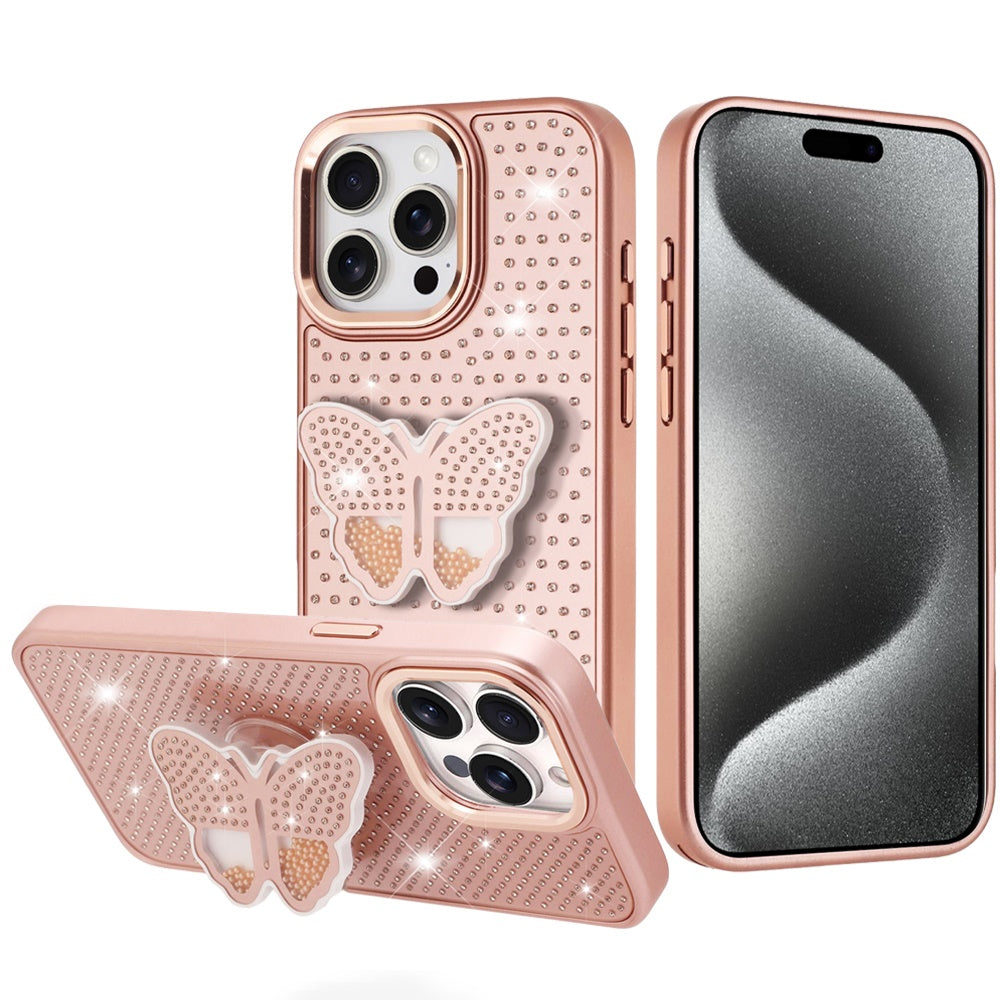 iPhone 15 Pro Max Rose Gold Butterfly Grip Diamond Case