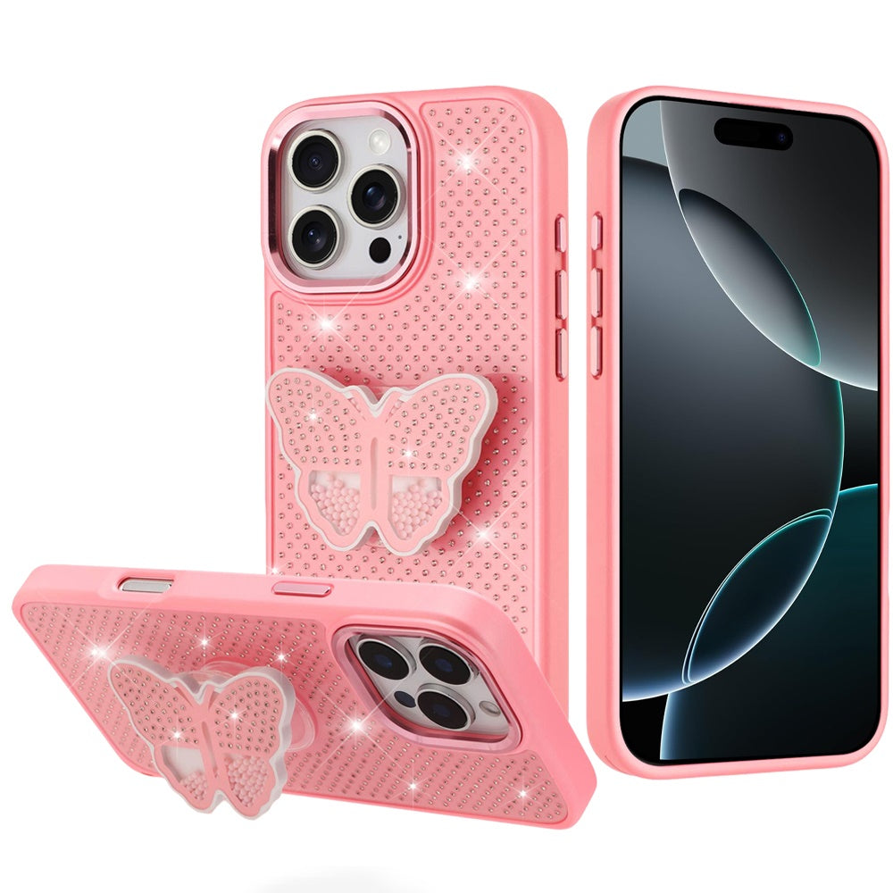 iPhone 16 Pro Max 6.9 Butterfly Moveable Grip Stand Hybrid Case - Pink