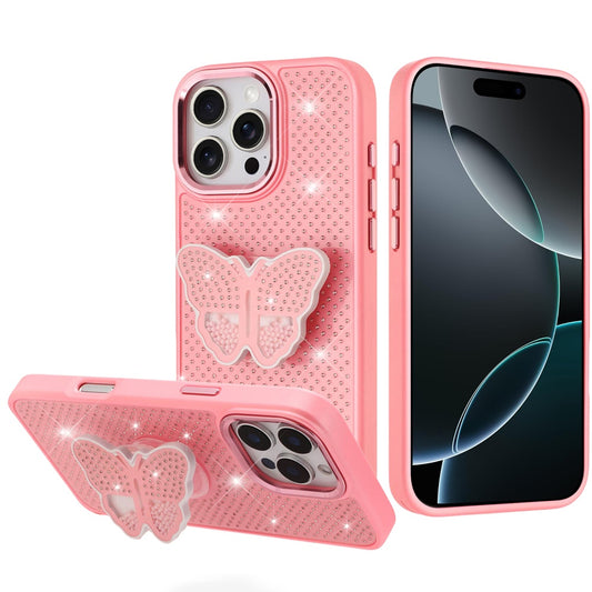 iPhone 16 Pro Max 6.9 Butterfly Moveable Grip Stand Hybrid Case - Pink