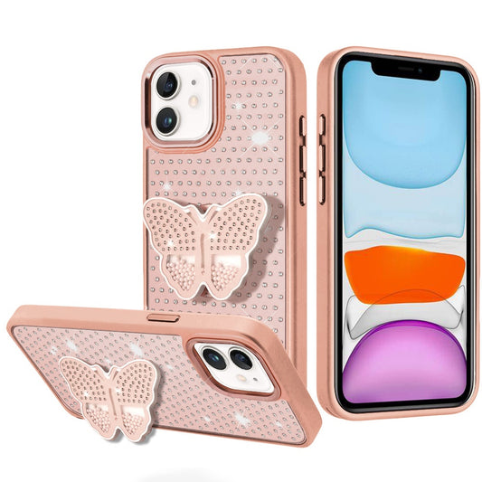 iPhone 11 Rose Gold Butterfly Diamond Grip Stand Case
