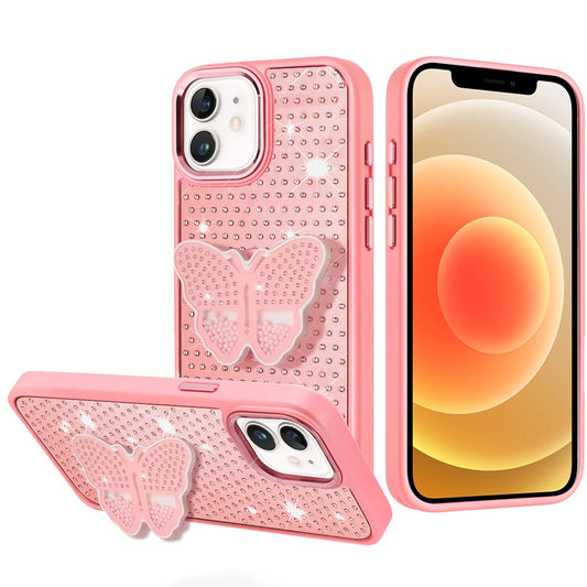 iPhone 12/12 Pro Pink Butterfly Diamond Grip Hybrid Case
