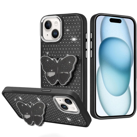 iPhone 15 Black Butterfly Grip Diamond Hybrid Case